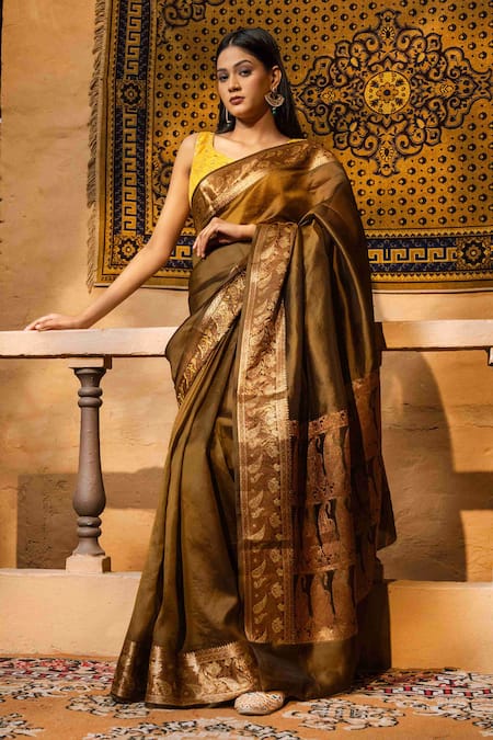Zal From Benaras Gold Pure Silk Woven Border Banarasi Saree With Unstitched Blouse Piece