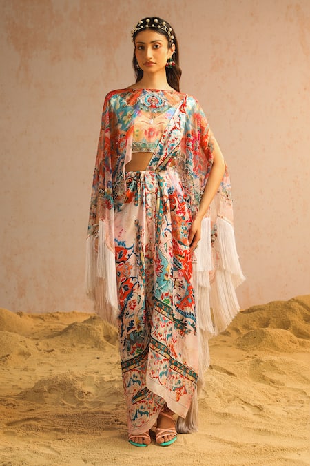 Aditi Gupta Abstract Motifs Print Pre-Draped Saree Set With Cape 
