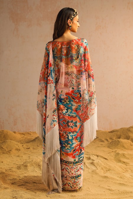 Shop Aditi Gupta Ivory Georgette Satin Organza Printed Abstract Motifs Pre-draped Saree Set With at Aza Fashions Shop_Aditi Gupta_Ivory Georgette Satin Organza Printed Abstract Motifs Pre-draped Saree Set With _at_Aza_Fashions