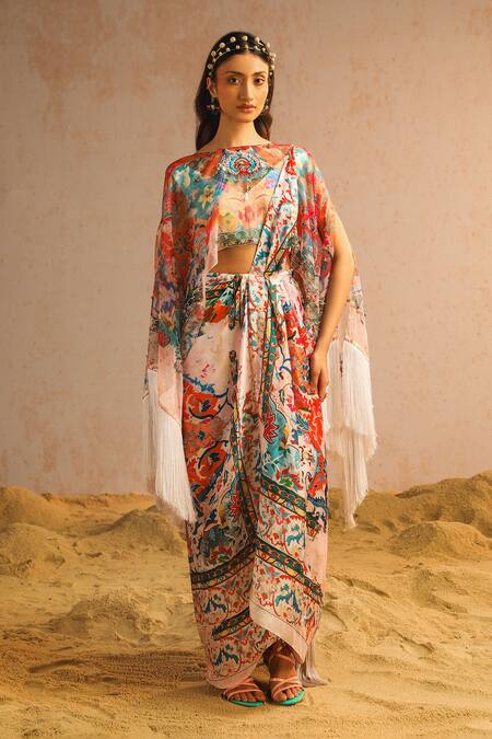 Aditi Gupta Ivory Georgette Satin Organza Printed Abstract Motifs Pre-draped Saree Set With Online at Aza Fashions Aditi Gupta_Ivory Georgette Satin Organza Printed Abstract Motifs Pre-draped Saree Set With _Online_at_Aza_Fashions