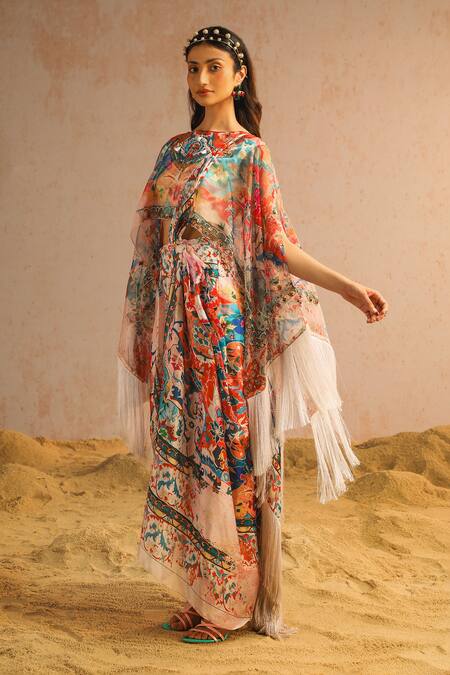 Buy Aditi Gupta Ivory Georgette Satin Organza Printed Abstract Motifs Pre-draped Saree Set With Online at Aza Fashions Buy_Aditi Gupta_Ivory Georgette Satin Organza Printed Abstract Motifs Pre-draped Saree Set With _Online_at_Aza_Fashions