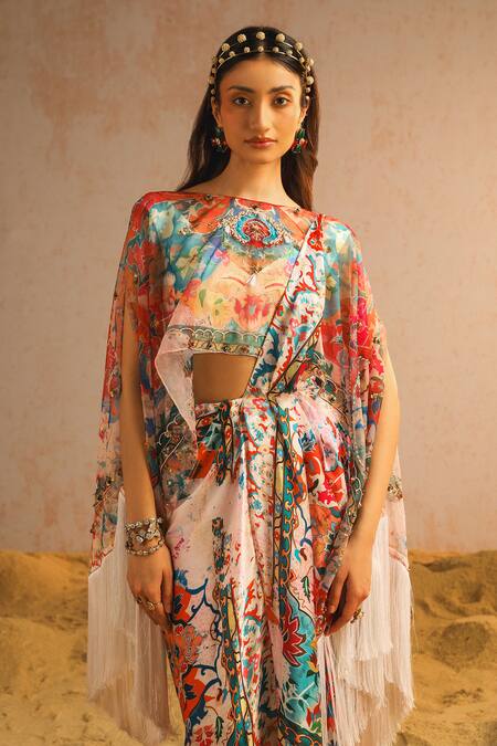 Shop Aditi Gupta Ivory Georgette Satin Organza Printed Abstract Motifs Pre-draped Saree Set With Online at Aza Fashions Shop_Aditi Gupta_Ivory Georgette Satin Organza Printed Abstract Motifs Pre-draped Saree Set With _Online_at_Aza_Fashions