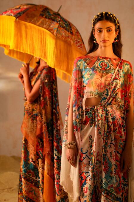 Buy Aditi Gupta Ivory Georgette Satin Organza Printed Abstract Motifs Pre-draped Saree Set With Buy_Aditi Gupta_Ivory Georgette Satin Organza Printed Abstract Motifs Pre-draped Saree Set With