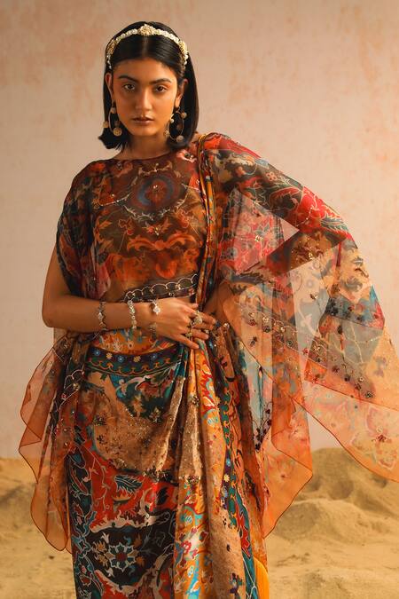 Aditi Gupta Yellow Georgette Satin Organza Printed Abstract Motifs Pre-draped Saree Set With at Aza Fashions Aditi Gupta_Yellow Georgette Satin Organza Printed Abstract Motifs Pre-draped Saree Set With _at_Aza_Fashions