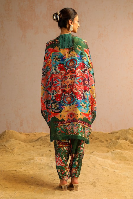 Shop Aditi Gupta Green Georgette Satin Printed Abstract Motifs Cape Open Neck Harem Pant Set at Aza Fashions Shop_Aditi Gupta_Green Georgette Satin Printed Abstract Motifs Cape Open Neck Harem Pant Set _at_Aza_Fashions