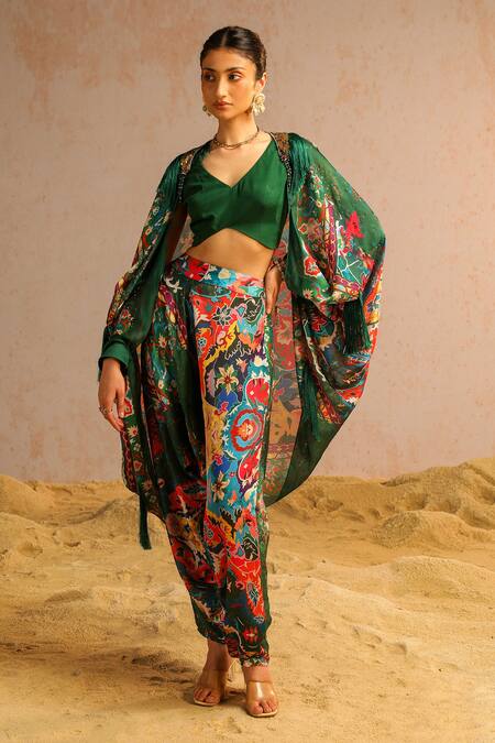 Aditi Gupta Green Georgette Satin Printed Abstract Motifs Cape Open Neck Harem Pant Set Online at Aza Fashions Aditi Gupta_Green Georgette Satin Printed Abstract Motifs Cape Open Neck Harem Pant Set _Online_at_Aza_Fashions