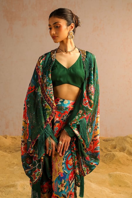 Shop Aditi Gupta Green Georgette Satin Printed Abstract Motifs Cape Open Neck Harem Pant Set Online at Aza Fashions Shop_Aditi Gupta_Green Georgette Satin Printed Abstract Motifs Cape Open Neck Harem Pant Set _Online_at_Aza_Fashions