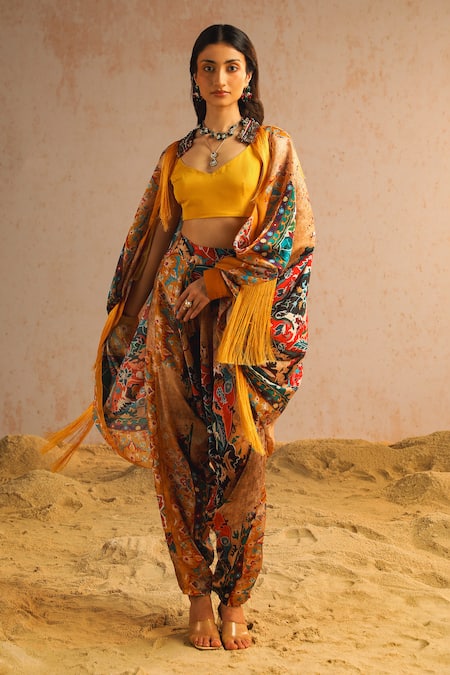 Shop Aditi Gupta Yellow Georgette Satin Printed Abstract Motifs Cape Open Neck Harem Pant Set at Aza Fashions Shop_Aditi Gupta_Yellow Georgette Satin Printed Abstract Motifs Cape Open Neck Harem Pant Set _at_Aza_Fashions