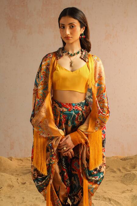 Aditi Gupta Yellow Georgette Satin Printed Abstract Motifs Cape Open Neck Harem Pant Set Online at Aza Fashions Aditi Gupta_Yellow Georgette Satin Printed Abstract Motifs Cape Open Neck Harem Pant Set _Online_at_Aza_Fashions