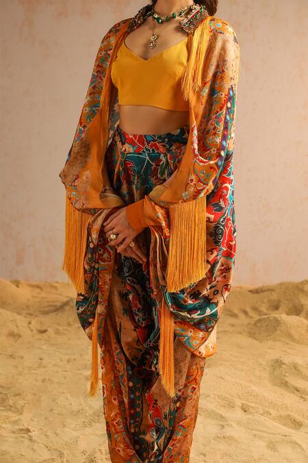 Buy Aditi Gupta Yellow Georgette Satin Printed Abstract Motifs Cape Open Neck Harem Pant Set Online at Aza Fashions Buy_Aditi Gupta_Yellow Georgette Satin Printed Abstract Motifs Cape Open Neck Harem Pant Set _Online_at_Aza_Fashions