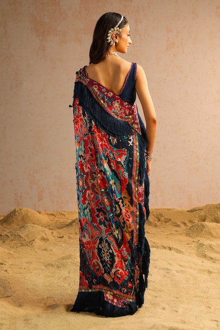 Shop Aditi Gupta Blue Organza, Crepe Pearls, Abstract Motifs Print Pre-draped Saree With Blouse at Aza Fashions Shop_Aditi Gupta_Blue Organza, Crepe Pearls, Abstract Motifs Print Pre-draped Saree With Blouse _at_Aza_Fashions