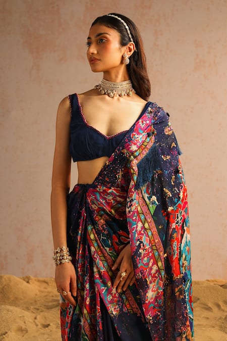Buy Aditi Gupta Blue Organza, Crepe Pearls, Abstract Motifs Print Pre-draped Saree With Blouse Online at Aza Fashions Buy_Aditi Gupta_Blue Organza, Crepe Pearls, Abstract Motifs Print Pre-draped Saree With Blouse _Online_at_Aza_Fashions