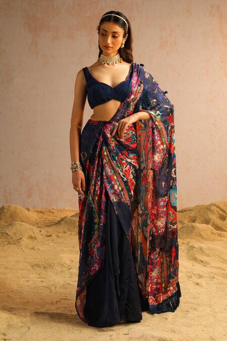 Aditi Gupta Blue Organza, Crepe Pearls, Abstract Motifs Print Pre-draped Saree With Blouse at Aza Fashions Aditi Gupta_Blue Organza, Crepe Pearls, Abstract Motifs Print Pre-draped Saree With Blouse _at_Aza_Fashions