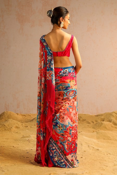 Shop Aditi Gupta Pink Organza, Georgette, Lycra Abstract Print Pre-draped Saree With Blouse at Aza Fashions Shop_Aditi Gupta_Pink Organza, Georgette, Lycra Abstract Print Pre-draped Saree With Blouse _at_Aza_Fashions
