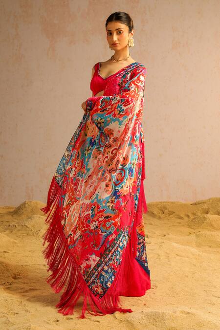 Buy Aditi Gupta Pink Organza, Georgette, Lycra Abstract Print Pre-draped Saree With Blouse Online at Aza Fashions Buy_Aditi Gupta_Pink Organza, Georgette, Lycra Abstract Print Pre-draped Saree With Blouse _Online_at_Aza_Fashions