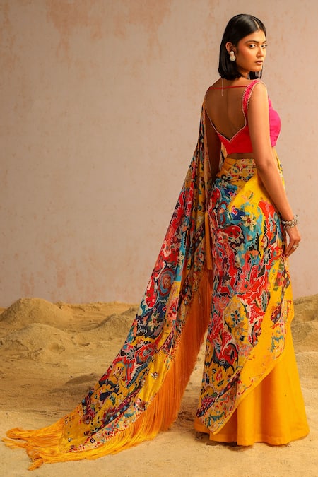 Shop Aditi Gupta Yellow Organza, Georgette, Lycra Abstract Pattern Pre-draped Saree With Blouse at Aza Fashions Shop_Aditi Gupta_Yellow Organza, Georgette, Lycra Abstract Pattern Pre-draped Saree With Blouse _at_Aza_Fashions