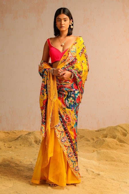 Aditi Gupta Yellow Organza, Georgette, Lycra Abstract Pattern Pre-draped Saree With Blouse Online at Aza Fashions Aditi Gupta_Yellow Organza, Georgette, Lycra Abstract Pattern Pre-draped Saree With Blouse _Online_at_Aza_Fashions