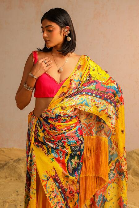 Shop Aditi Gupta Yellow Organza, Georgette, Lycra Abstract Pattern Pre-draped Saree With Blouse Online at Aza Fashions Shop_Aditi Gupta_Yellow Organza, Georgette, Lycra Abstract Pattern Pre-draped Saree With Blouse _Online_at_Aza_Fashions