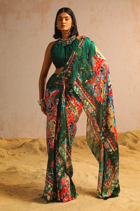 Aditi Gupta Green Georgette Satin Printed Abstract Motifs Pre-draped Saree With Blouse 