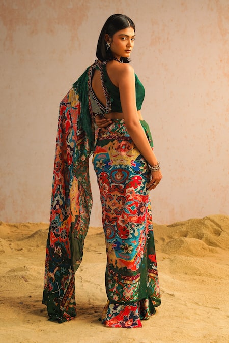 Shop_Aditi Gupta_Green Georgette Satin Printed Abstract Motifs Pre-draped Saree With Blouse _at_Aza_Fashions