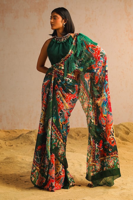 Buy_Aditi Gupta_Green Georgette Satin Printed Abstract Motifs Pre-draped Saree With Blouse _Online_at_Aza_Fashions