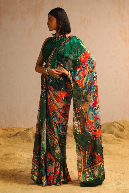 Shop_Aditi Gupta_Green Georgette Satin Printed Abstract Motifs Pre-draped Saree With Blouse _Online_at_Aza_Fashions