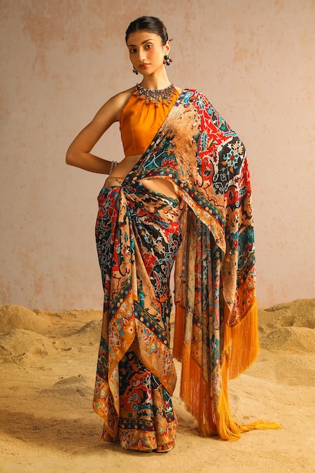 Aditi Gupta Yellow Georgette Satin Printed Abstract Motifs Halter Pre-draped Saree Set 