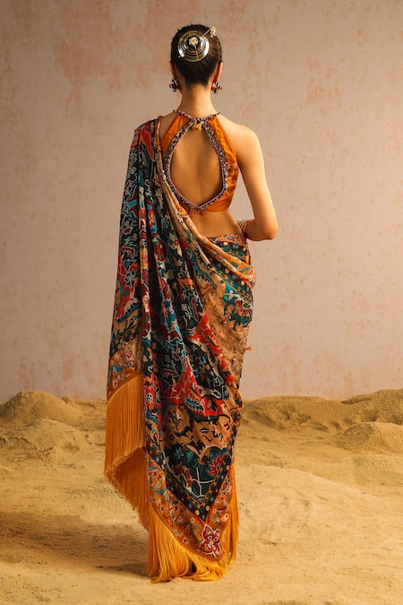 Shop_Aditi Gupta_Yellow Georgette Satin Printed Abstract Motifs Halter Pre-draped Saree Set _at_Aza_Fashions