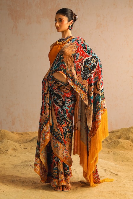 Buy_Aditi Gupta_Yellow Georgette Satin Printed Abstract Motifs Halter Pre-draped Saree Set _Online_at_Aza_Fashions