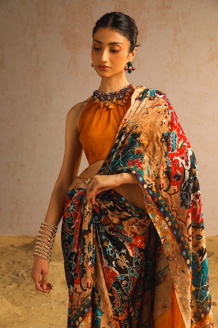 Aditi Gupta_Yellow Georgette Satin Printed Abstract Motifs Halter Pre-draped Saree Set _at_Aza_Fashions