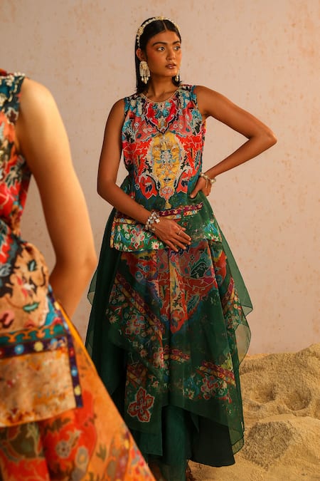 Aditi Gupta_Green Organza, Georgette, Satin, Abstract Motifs Print Short Kurta And Skirt Set _Online_at_Aza_Fashions