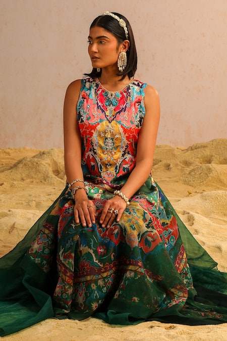 Buy_Aditi Gupta_Green Organza, Georgette, Satin, Abstract Motifs Print Short Kurta And Skirt Set _Online_at_Aza_Fashions