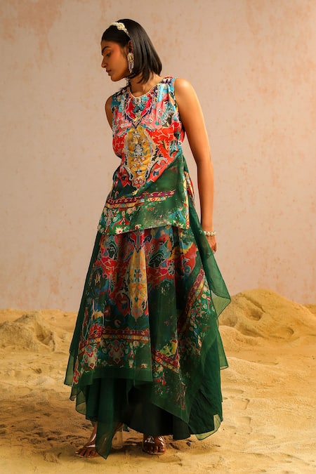 Shop_Aditi Gupta_Green Organza, Georgette, Satin, Abstract Motifs Print Short Kurta And Skirt Set _Online_at_Aza_Fashions