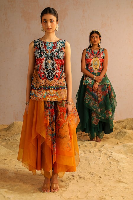 Aditi Gupta Yellow Organza, Georgette, Satin, Crepe Abstract Print Short Kurta And Skirt Set at Aza Fashions Aditi Gupta_Yellow Organza, Georgette, Satin, Crepe Abstract Print Short Kurta And Skirt Set _at_Aza_Fashions