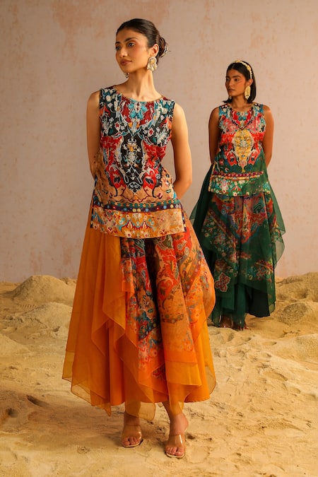 Buy Aditi Gupta Yellow Organza, Georgette, Satin, Crepe Abstract Print Short Kurta And Skirt Set Buy_Aditi Gupta_Yellow Organza, Georgette, Satin, Crepe Abstract Print Short Kurta And Skirt Set