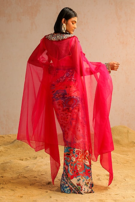 Shop Aditi Gupta Pink Georgette Satin Printed Abstract Motifs Cape Open Embroidered Skirt Set at Aza Fashions Shop_Aditi Gupta_Pink Georgette Satin Printed Abstract Motifs Cape Open Embroidered Skirt Set _at_Aza_Fashions