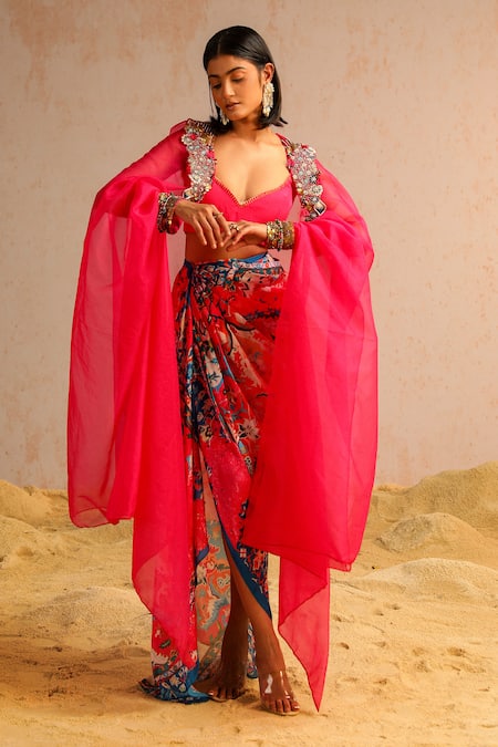 Buy Aditi Gupta Pink Georgette Satin Printed Abstract Motifs Cape Open Embroidered Skirt Set Online at Aza Fashions Buy_Aditi Gupta_Pink Georgette Satin Printed Abstract Motifs Cape Open Embroidered Skirt Set _Online_at_Aza_Fashions