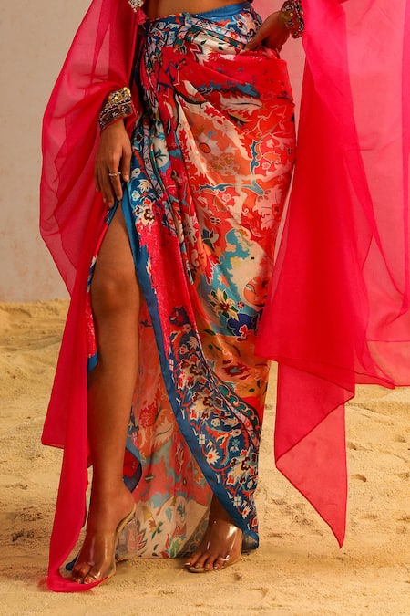 Shop Aditi Gupta Pink Georgette Satin Printed Abstract Motifs Cape Open Embroidered Skirt Set Online at Aza Fashions Shop_Aditi Gupta_Pink Georgette Satin Printed Abstract Motifs Cape Open Embroidered Skirt Set _Online_at_Aza_Fashions