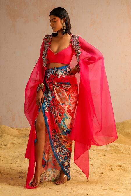 Aditi Gupta Pink Georgette Satin Printed Abstract Motifs Cape Open Embroidered Skirt Set at Aza Fashions Aditi Gupta_Pink Georgette Satin Printed Abstract Motifs Cape Open Embroidered Skirt Set _at_Aza_Fashions