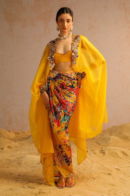Aditi Gupta Yellow Georgette Satin Printed Abstract Motifs Zardosi Embroidered Skirt Set