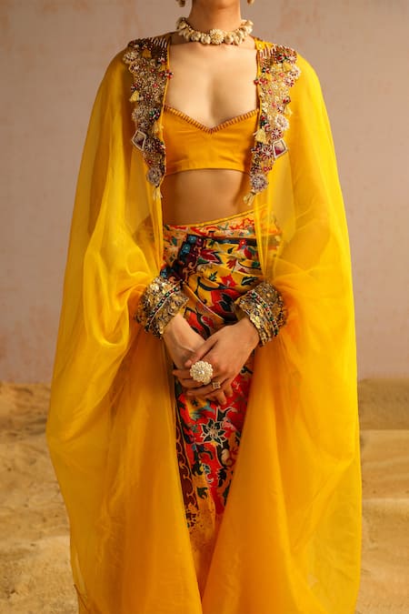 Buy Aditi Gupta Yellow Georgette Satin Printed Abstract Motifs Zardosi Embroidered Skirt Set Buy_Aditi Gupta_Yellow Georgette Satin Printed Abstract Motifs Zardosi Embroidered Skirt Set