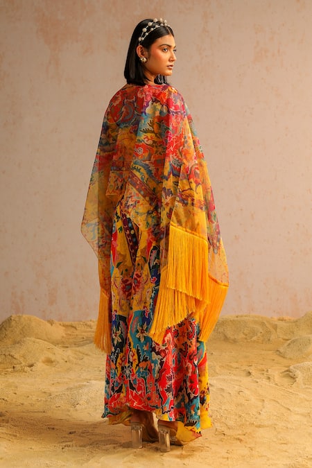 Shop Aditi Gupta Yellow Georgette Satin Printed Abstract Motifs Cape Round Pant Set at Aza Fashions Shop_Aditi Gupta_Yellow Georgette Satin Printed Abstract Motifs Cape Round Pant Set _at_Aza_Fashions