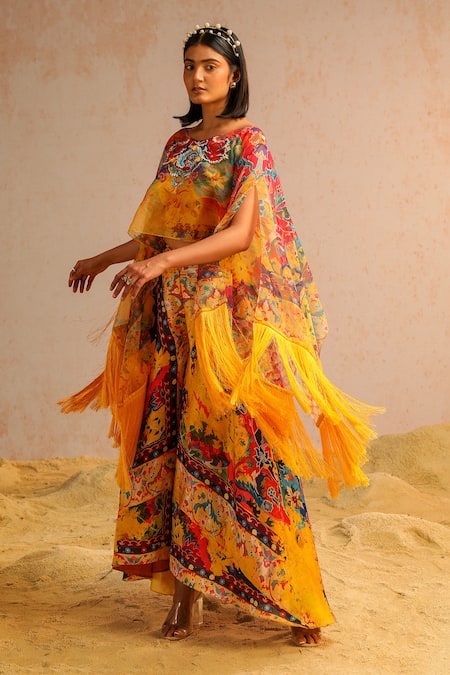 Buy Aditi Gupta Yellow Georgette Satin Printed Abstract Motifs Cape Round Pant Set Online at Aza Fashions Buy_Aditi Gupta_Yellow Georgette Satin Printed Abstract Motifs Cape Round Pant Set _Online_at_Aza_Fashions