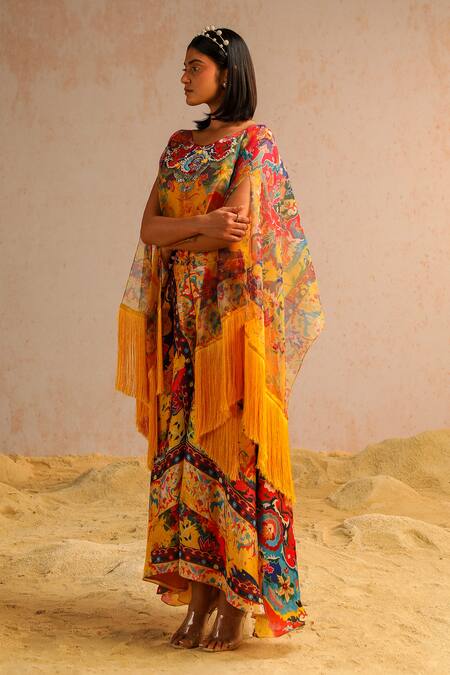 Shop Aditi Gupta Yellow Georgette Satin Printed Abstract Motifs Cape Round Pant Set Online at Aza Fashions Shop_Aditi Gupta_Yellow Georgette Satin Printed Abstract Motifs Cape Round Pant Set _Online_at_Aza_Fashions