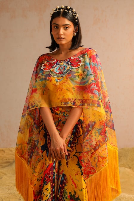 Aditi Gupta Yellow Georgette Satin Printed Abstract Motifs Cape Round Pant Set at Aza Fashions Aditi Gupta_Yellow Georgette Satin Printed Abstract Motifs Cape Round Pant Set _at_Aza_Fashions
