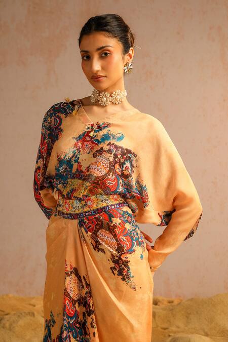 Buy Aditi Gupta Beige Georgette, Satin Pearls, Sequins, Abstract Motifs Print Top And Skirt Set Buy_Aditi Gupta_Beige Georgette, Satin Pearls, Sequins, Abstract Motifs Print Top And Skirt Set