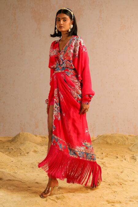 Aditi Gupta Pink Georgette, Satin Sequins, Zari, Pearls Abstract Print Top And Skirt Set Online at Aza Fashions Aditi Gupta_Pink Georgette, Satin Sequins, Zari, Pearls Abstract Print Top And Skirt Set _Online_at_Aza_Fashions