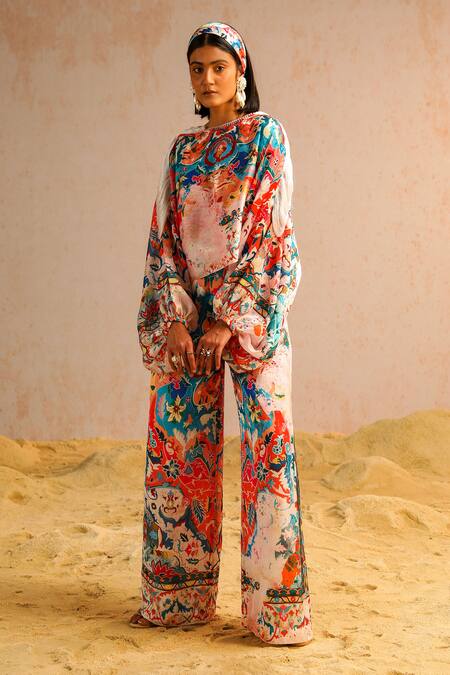 Aditi Gupta Ivory Georgette, Crepe, Satin Abstract Motifs Print Top And Flared Pant Set Online at Aza Fashions Aditi Gupta_Ivory Georgette, Crepe, Satin Abstract Motifs Print Top And Flared Pant Set _Online_at_Aza_Fashions