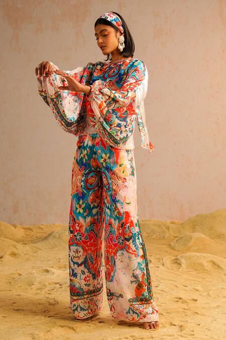 Buy Aditi Gupta Ivory Georgette, Crepe, Satin Abstract Motifs Print Top And Flared Pant Set Online at Aza Fashions Buy_Aditi Gupta_Ivory Georgette, Crepe, Satin Abstract Motifs Print Top And Flared Pant Set _Online_at_Aza_Fashions
