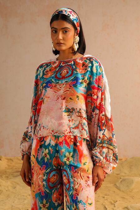 Shop Aditi Gupta Ivory Georgette, Crepe, Satin Abstract Motifs Print Top And Flared Pant Set Online at Aza Fashions Shop_Aditi Gupta_Ivory Georgette, Crepe, Satin Abstract Motifs Print Top And Flared Pant Set _Online_at_Aza_Fashions